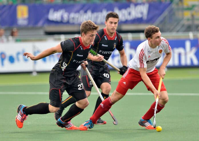 Harry Martin leads the way from Tom Boon(l) and Cedric Charlier (c) hockeyimages.co.uk