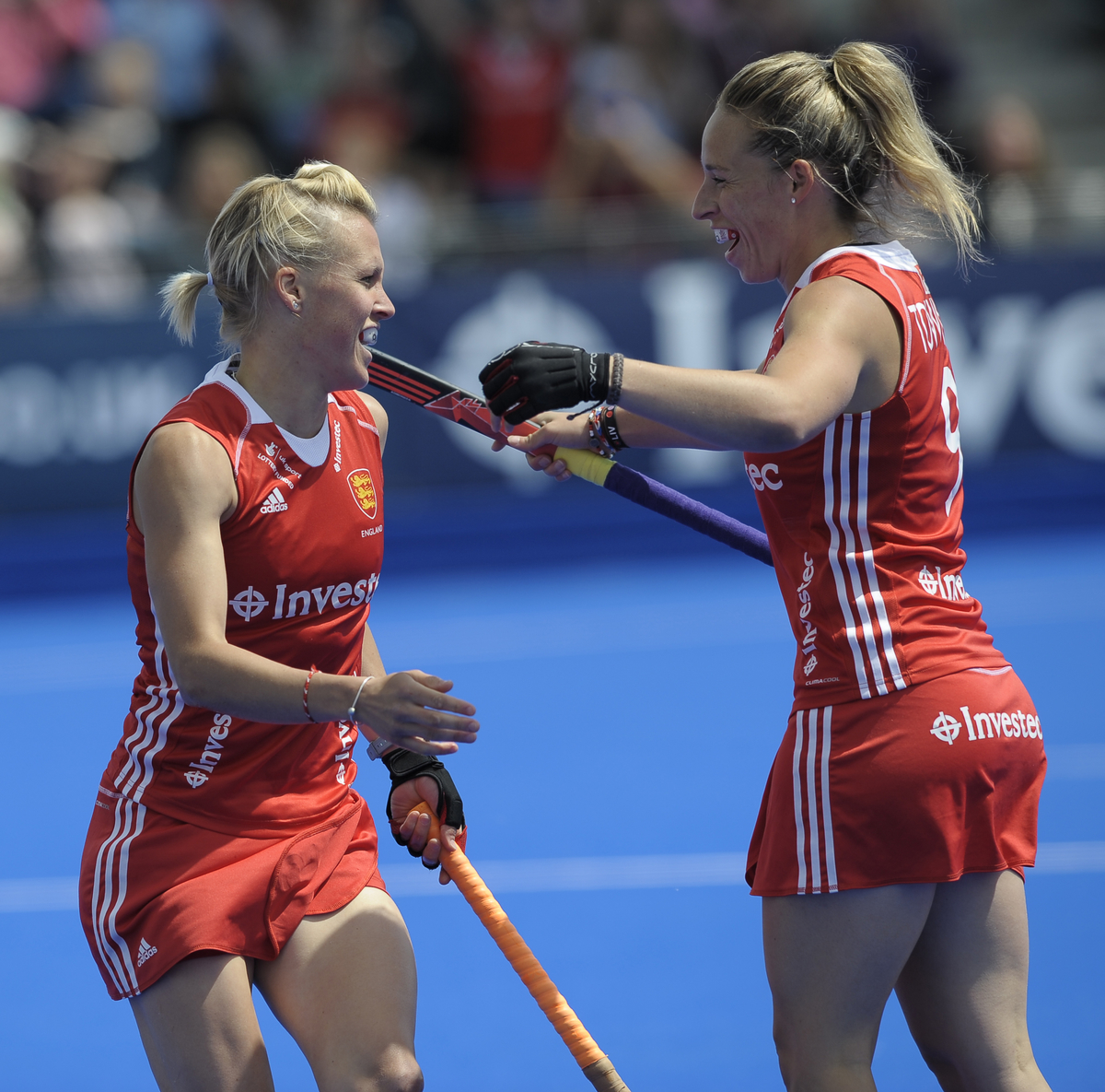 England goal scorers Susannah Townsend and Alex Danson celebrate scoring against Wales at the 2014 Investec London Cup - credit Ady Kerry.jpg
